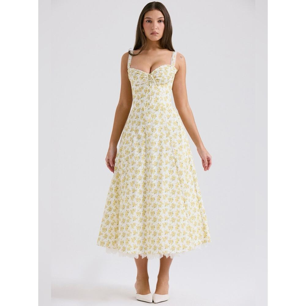 House of CB Rosalee White Vintage Floral Print Cotton Bustier Sundress XS - Picture 2 of 12